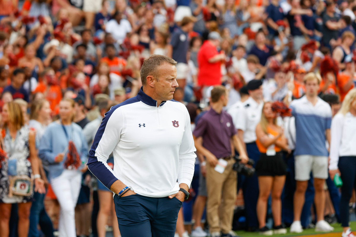 Auburn Tigers head coach Bryan Harsin surveys his team during pregame warmups prior to the San Jose State vs Auburn game on Saturday, Sept. 10, 2022.
